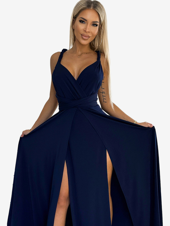 numoco Elegantné dlhé šaty s viazaním na mnoho spôsobov - tmavomodré Numoco