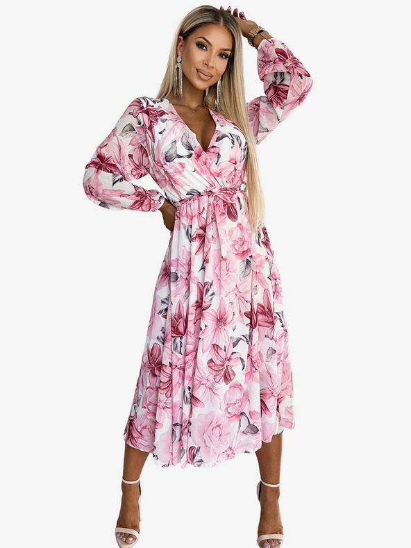 numoco Šifónové midi šaty s dlhými rukávmi a výstrihom - svetloružové kvety na bielom podklade Numoco