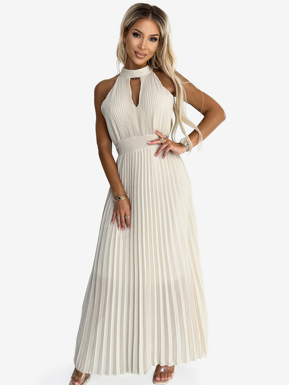 numoco Plisované midi šaty so spadnutým výstrihom - béžové Numoco