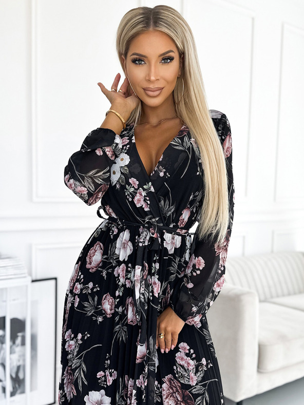 numoco Plisované midi šaty s výstrihom, dlhými rukávmi a zaväzovaním v páse - čierne s ružovými kvetmi Numoco