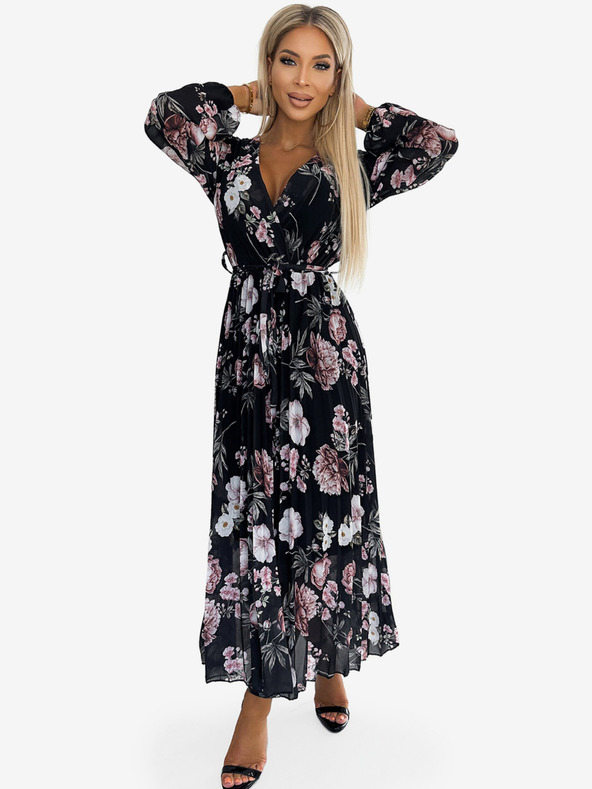 numoco Plisované midi šaty s výstrihom, dlhými rukávmi a zaväzovaním v páse - čierne s ružovými kvetmi Numoco