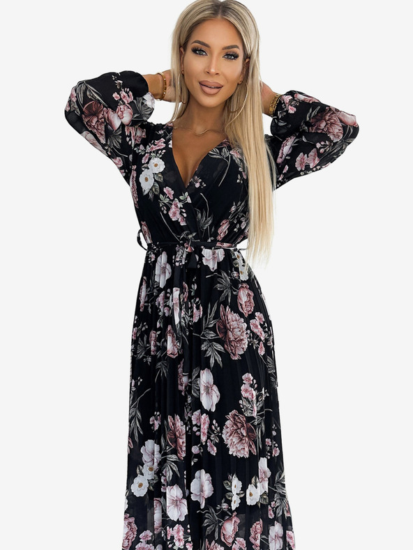 numoco Plisované midi šaty s výstrihom, dlhými rukávmi a zaväzovaním v páse - čierne s ružovými kvetmi Numoco