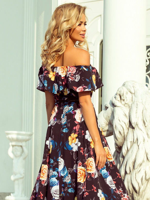 numoco Dlhé šaty s volánom - čierne + farebné kvety Numoco