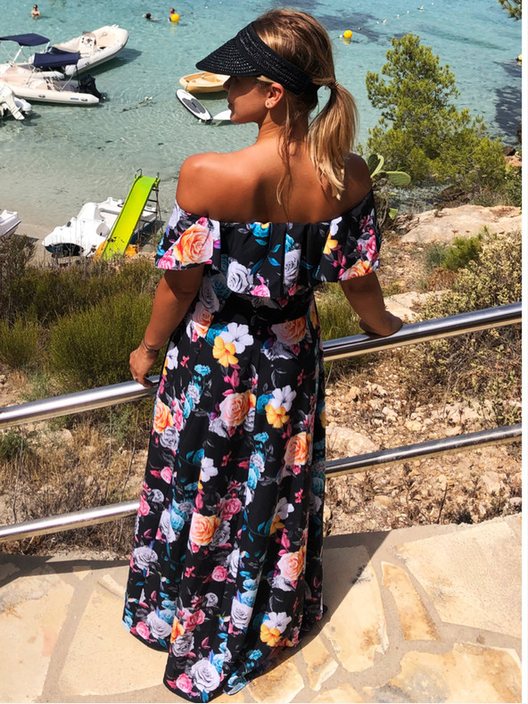 numoco Dlhé šaty s volánom - čierne + farebné kvety Numoco
