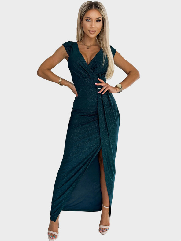 numoco Lesklé šaty s krátkym rukávom, výstrihom a rozparkom na nohách - zelené Numoco