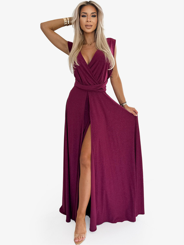 numoco Elegantné dlhé šaty s viazaním na mnoho spôsobov - bordové s trblietkami Numoco