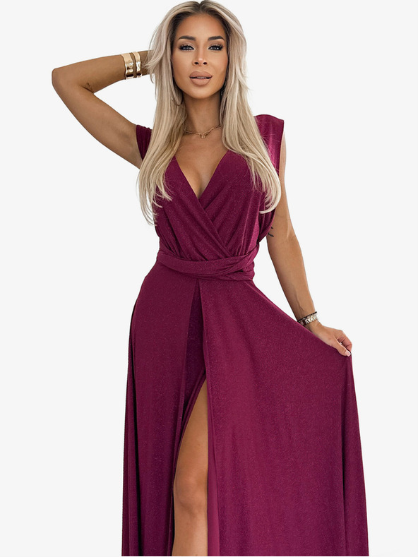 numoco Elegantné dlhé šaty s viazaním na mnoho spôsobov - bordové s trblietkami Numoco