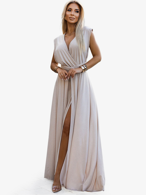 numoco Elegantné dlhé šaty s viazaním na mnoho spôsobov - béžové s trblietkami Numoco