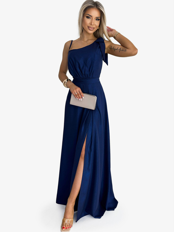 numoco Dlhé lesklé šaty na jedno rameno s mašľou - tmavomodré Numoco