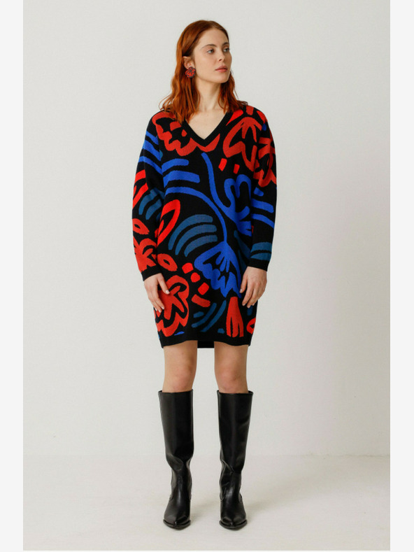 SKFK SKFK modro-oranžové dámske vzorované svetrové šaty
