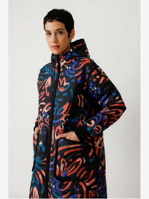 SKFK Modrý a oranžový dámsky zimný vzorovaný kabát SKFK