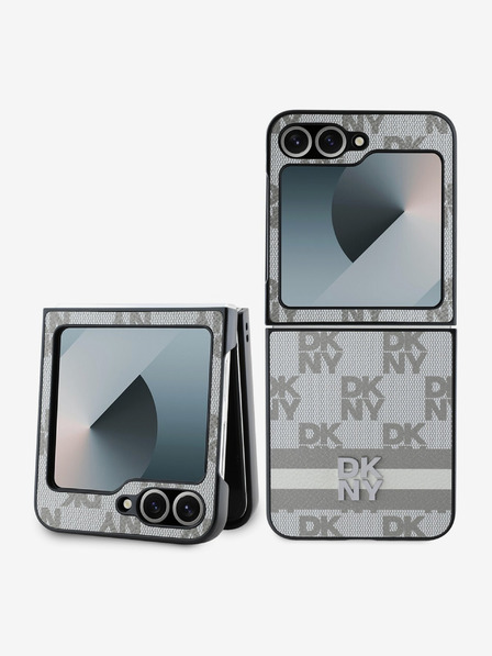 DKNY DKNY PU kožený zadný kryt so šachovnicovým vzorom a pruhmi pre Samsung Galaxy Z Flip 6 béžový