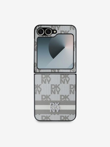 DKNY DKNY PU kožený zadný kryt so šachovnicovým vzorom a pruhmi pre Samsung Galaxy Z Flip 6 béžový