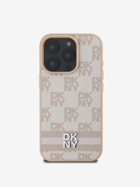 DKNY DKNY PU kožený zadný kryt so šachovnicovým vzorom a pruhmi pre iPhone 16 Pro ružový