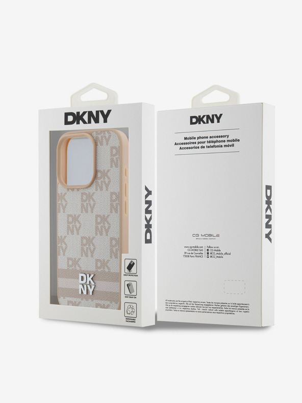 DKNY DKNY PU kožený zadný kryt so šachovnicovým vzorom a pruhmi pre iPhone 16 Pro ružový