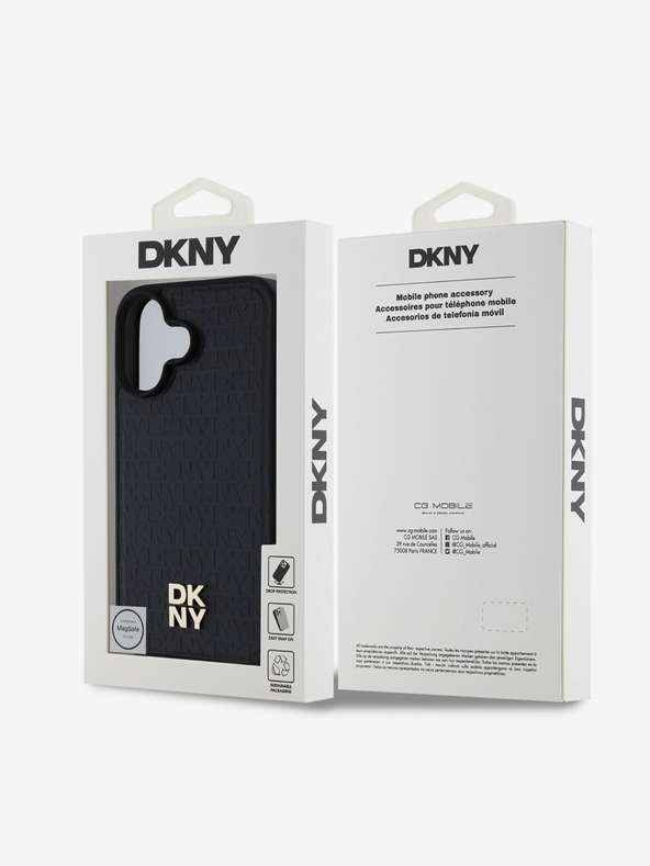 DKNY DKNY PU kožený zadný kryt s opakujúcim sa vzorom Stack Logo MagSafe pre iPhone 16 čierny