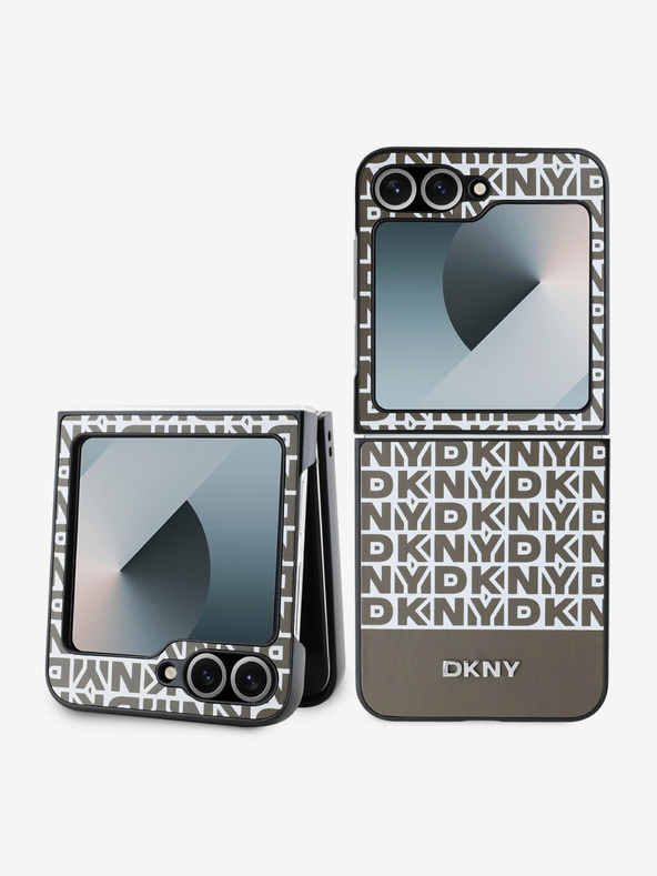DKNY DKNY PU kožený zadný kryt s opakujúcim sa vzorom a prúžkom v spodnej časti pre Samsung Galaxy Z Flip 6 hnedý