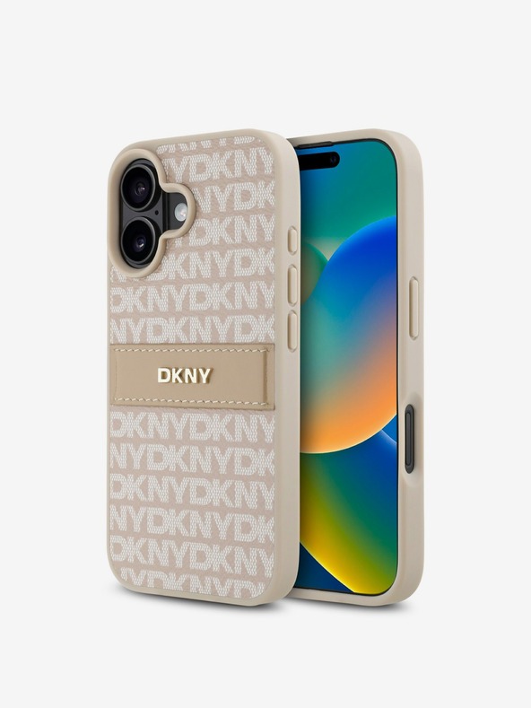 DKNY DKNY PU kožený zadný kryt s opakujúcim sa vzorom s tonálnymi prúžkami pre iPhone 16 ružový