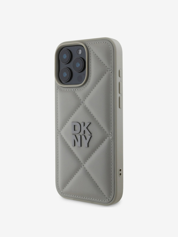DKNY DKNY PU kožený prešívaný zadný kryt s logom Stack pre iPhone 16 Pro Grey