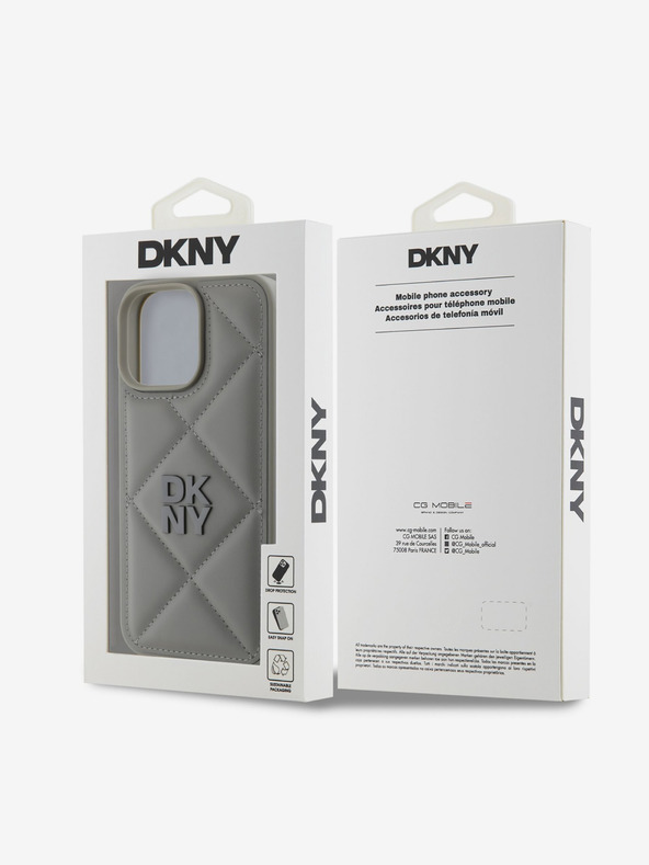 DKNY DKNY PU kožený prešívaný zadný kryt s logom Stack pre iPhone 16 Pro Grey
