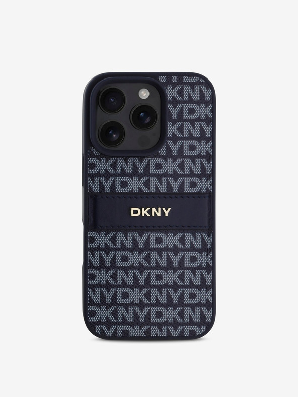 DKNY DKNY PU kožený zadný kryt s opakujúcim sa vzorom s tónovým pruhom pre iPhone 16 Pro modrý
