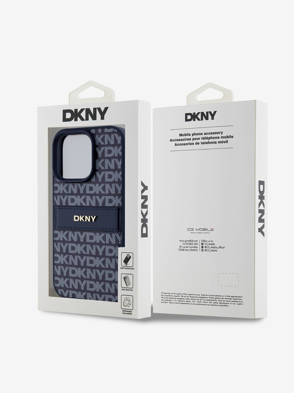 DKNY DKNY PU kožený zadný kryt s opakujúcim sa vzorom s tónovým pruhom pre iPhone 16 Pro modrý