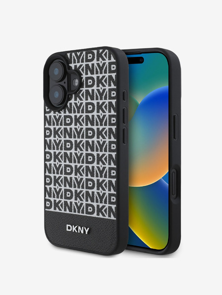 DKNY PU Leather Repeat Pattern Bottom Stripe MagSafe Zadní Kryt pro iPhone 16 Black Obal na telefón