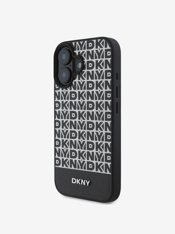 DKNY PU Leather Repeat Pattern Bottom Stripe MagSafe Zadní Kryt pro iPhone 16 Black Obal na telefón