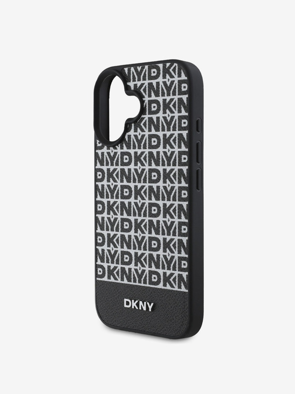 DKNY PU Leather Repeat Pattern Bottom Stripe MagSafe Zadní Kryt pro iPhone 16 Black Obal na telefón