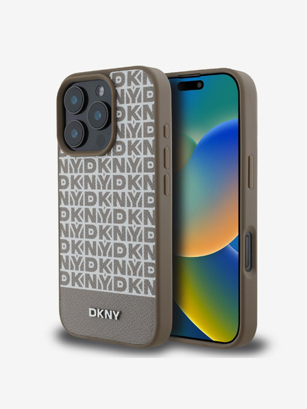 DKNY DKNY PU kožený zadný kryt MagSafe s opakovaným vzorom spodného pruhu pre iPhone 16 Pro Max hnedý