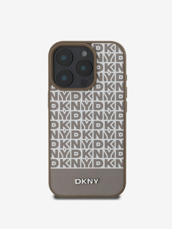 DKNY DKNY PU kožený zadný kryt MagSafe s opakovaným vzorom spodného pruhu pre iPhone 16 Pro Max hnedý