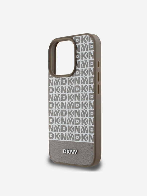 DKNY DKNY PU kožený zadný kryt MagSafe s opakovaným vzorom spodného pruhu pre iPhone 16 Pro Max hnedý