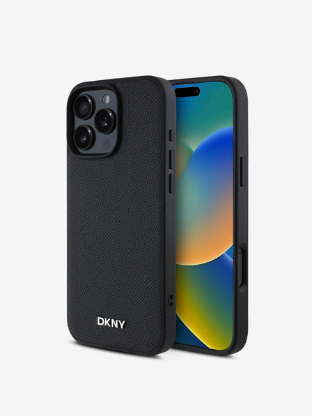 DKNY DKNY PU kožený strieborný kovový zadný kryt s logom Magsafe pre iPhone 16 Pro čierny