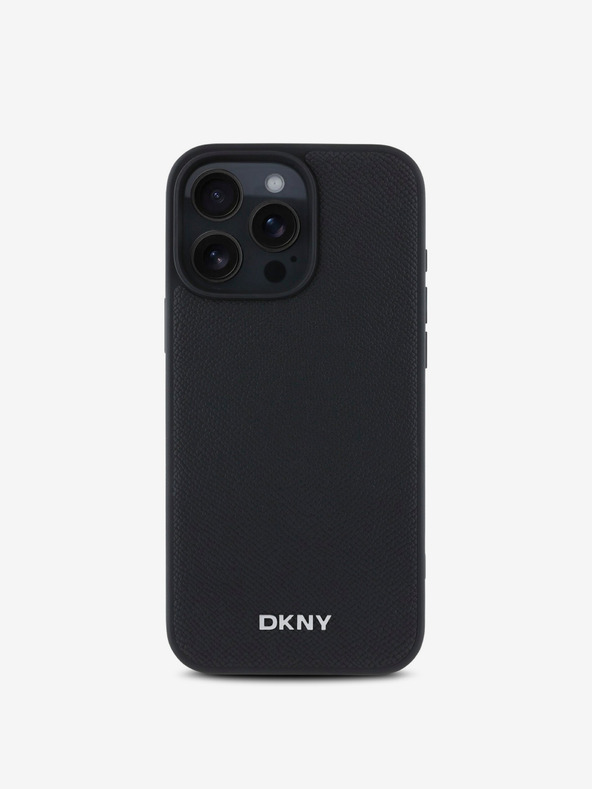 DKNY DKNY PU kožený strieborný kovový zadný kryt s logom Magsafe pre iPhone 16 Pro čierny