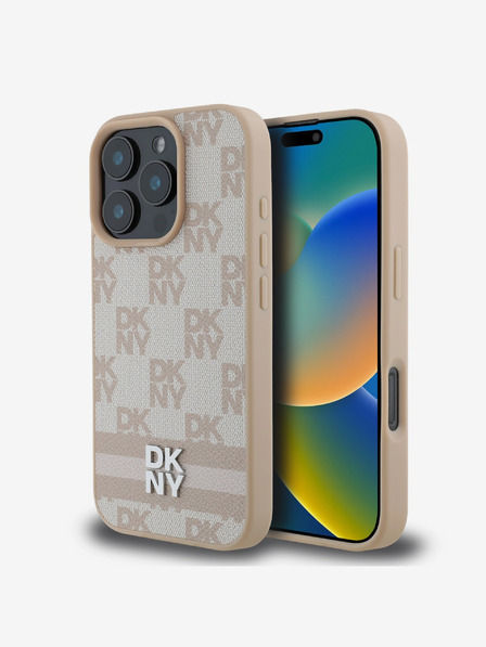 DKNY DKNY PU kožený zadný kryt s károvaným vzorom a pruhmi pre iPhone 16 Pro Max ružový