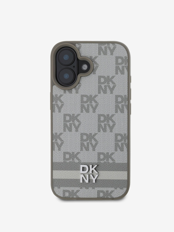 DKNY DKNY PU kožený zadný kryt s károvaným vzorom a pruhmi pre iPhone 16 béžový