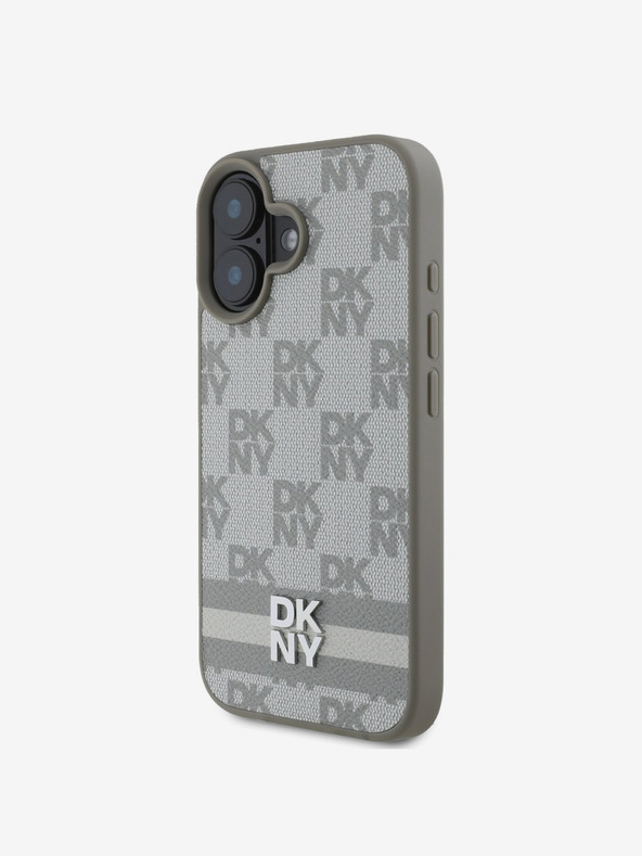 DKNY DKNY PU kožený zadný kryt s károvaným vzorom a pruhmi pre iPhone 16 béžový