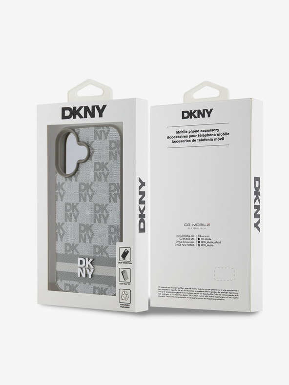 DKNY DKNY PU kožený zadný kryt s károvaným vzorom a pruhmi pre iPhone 16 béžový