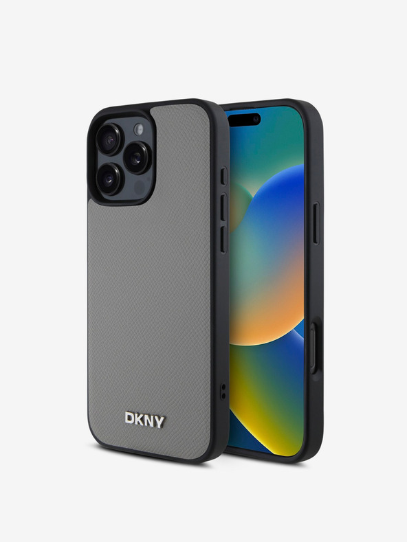 DKNY DKNY PU kožený strieborný zadný kryt s kovovým logom Magsafe pre iPhone 16 Pro Max Grey