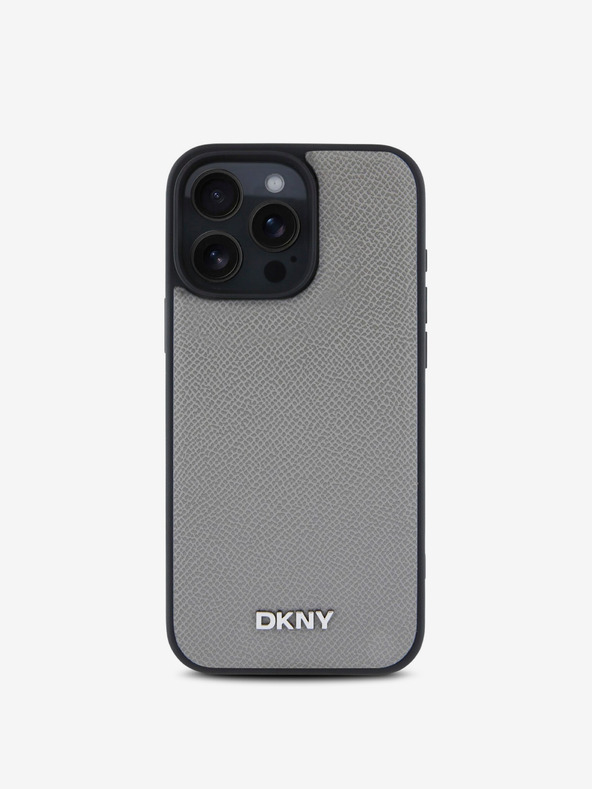 DKNY DKNY PU kožený strieborný zadný kryt s kovovým logom Magsafe pre iPhone 16 Pro Max Grey