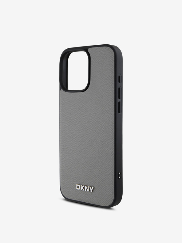 DKNY DKNY PU kožený strieborný zadný kryt s kovovým logom Magsafe pre iPhone 16 Pro Max Grey