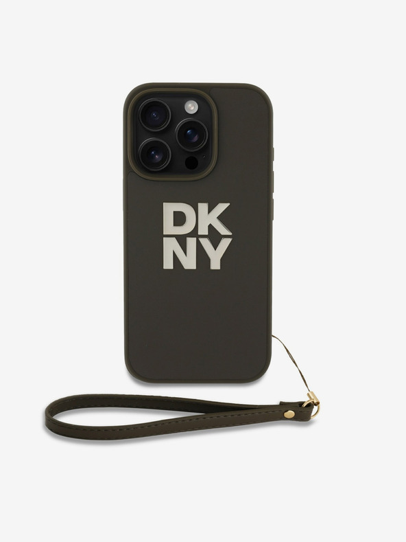 DKNY PU Leather Stack Logo Wrist Strap Zadní Kryt pro iPhone 16 Pro Max Green Obal na telefón