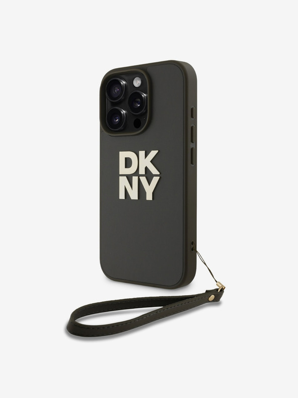 DKNY PU Leather Stack Logo Wrist Strap Zadní Kryt pro iPhone 16 Pro Max Green Obal na telefón