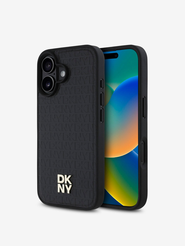 DKNY DKNY PU kožený zadný kryt Repeat Pattern Stack Logo MagSafe pre iPhone 16 Plus Black