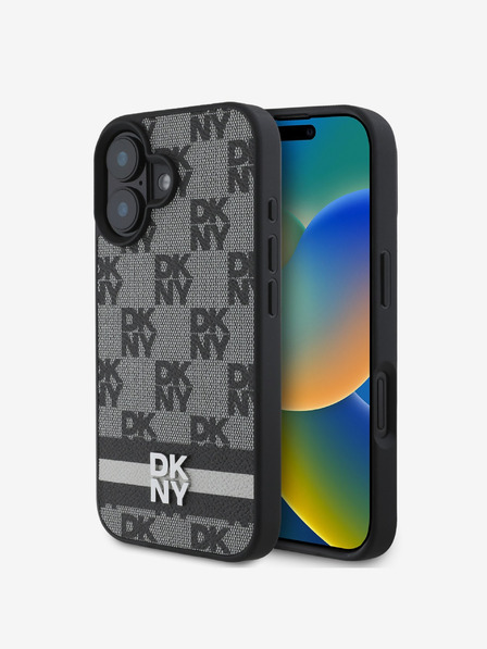 DKNY DKNY PU kožený zadný kryt s károvaným vzorom a pruhmi pre iPhone 16 čierny