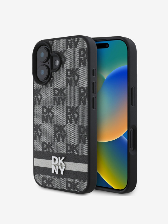 DKNY DKNY PU kožený zadný kryt s károvaným vzorom a pruhmi pre iPhone 16 čierny