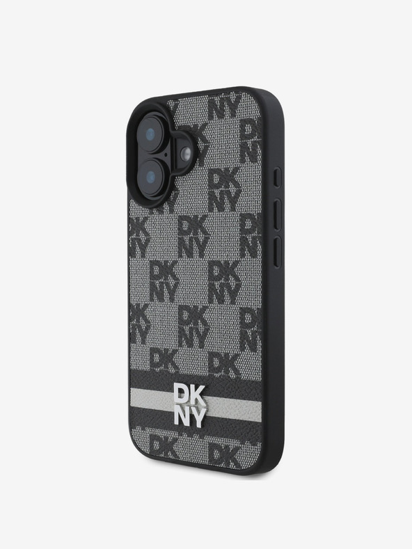 DKNY DKNY PU kožený zadný kryt s károvaným vzorom a pruhmi pre iPhone 16 čierny