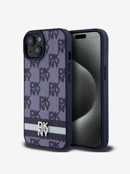 DKNY DKNY PU kožený zadný kryt so šachovnicovým vzorom a pruhmi pre iPhone 15 modrý