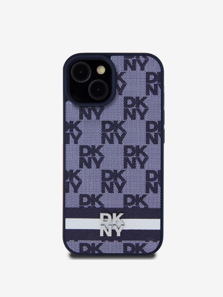 DKNY DKNY PU kožený zadný kryt so šachovnicovým vzorom a pruhmi pre iPhone 15 modrý