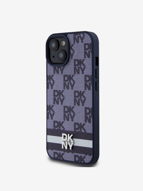 DKNY DKNY PU kožený zadný kryt so šachovnicovým vzorom a pruhmi pre iPhone 15 modrý